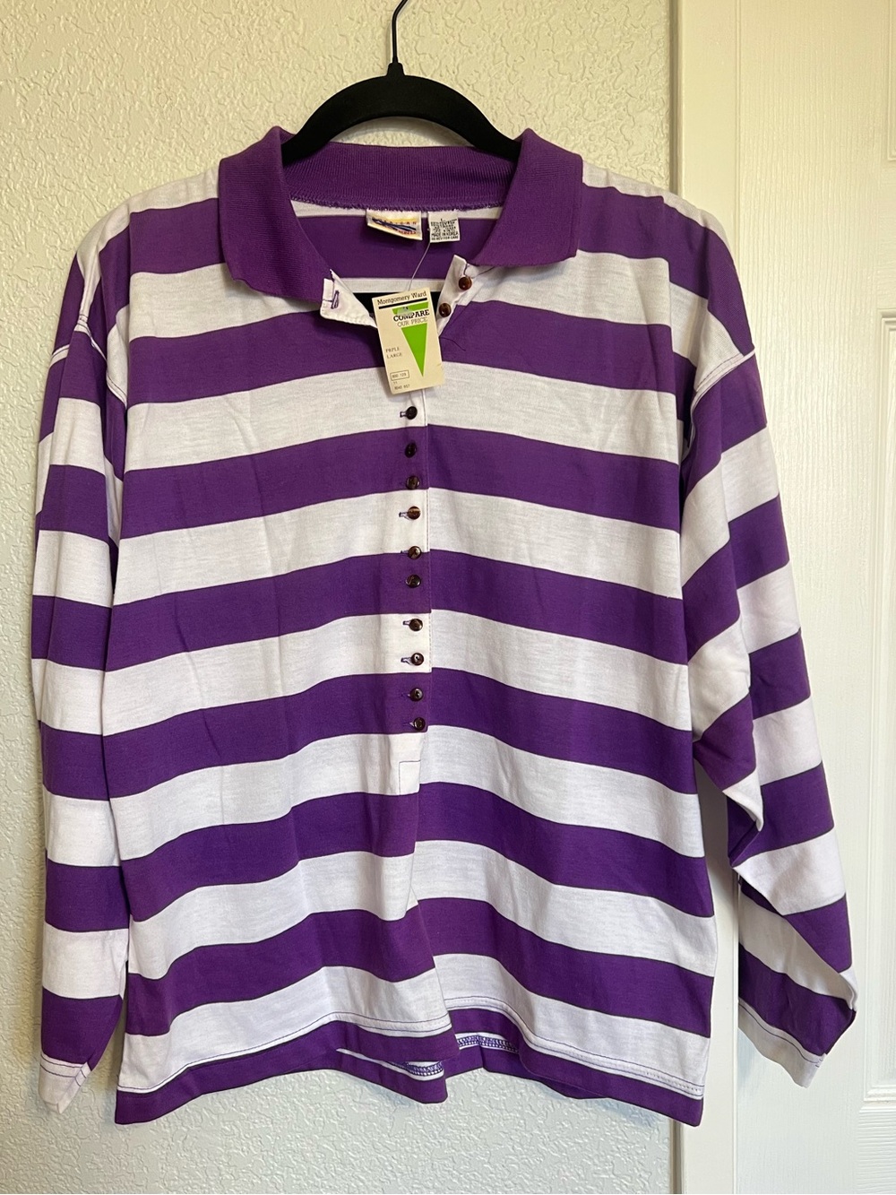 American Weekend Rugby Purple & White Striped Long Sleeve Polo Top
